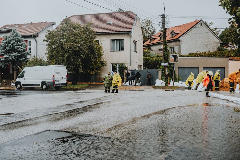 A group of emergency responders wearing yellow and orange raincoats standing on a wet street after flooding, with puddles forming on the asphalt. In the background, there are residential houses with white and beige exteriors, some with tiled roofs, and trees with autumn-colored foliage. A white van is parked on the side of the road, and a few individuals are seen near a fence and sidewalk, possibly conducting flood response or cleanup activities. The scene is overcast, with diffused natural lighting highlighting the reflective surface of the flooded street. Cleaner Putney provides professional cleaning services for flood damage mitigation and sanitisation, ensuring thorough surface cleaning and hygiene restoration in residential areas affected by flooding.